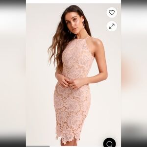 Lulus Temps De L'Amour Blush Pink Lace Bodycon Flattering Midi Dress, Small